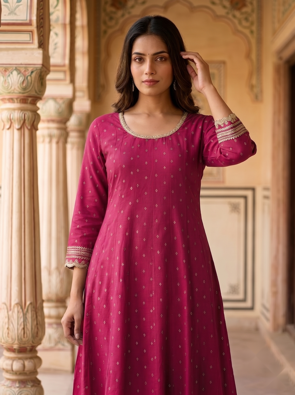 Designer Round Neck kurti - Pink - image 4