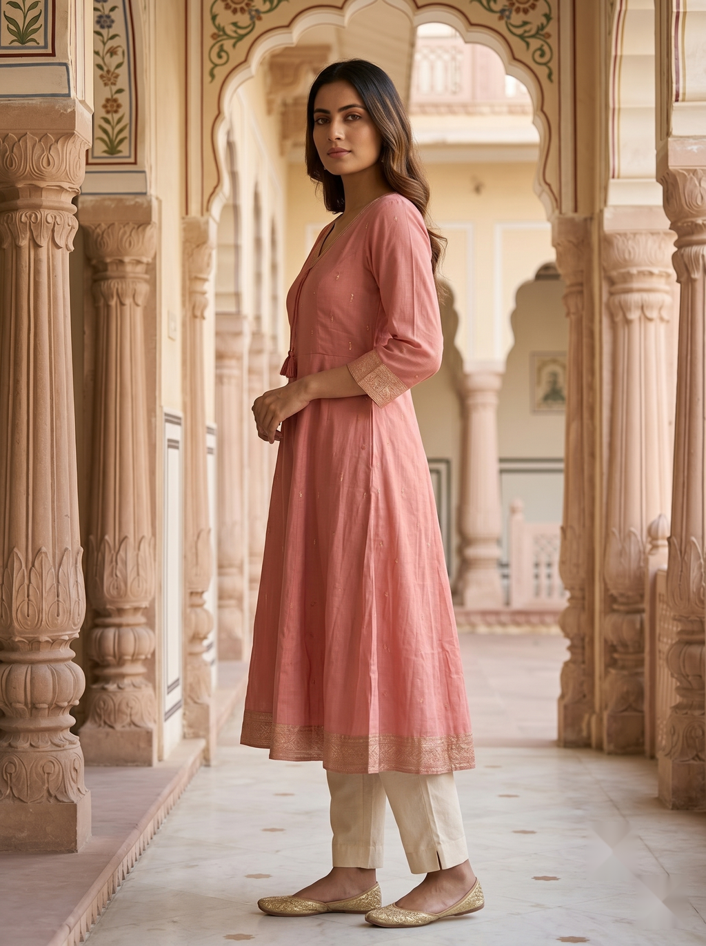 V Neck Kurtis - Peach - image 4