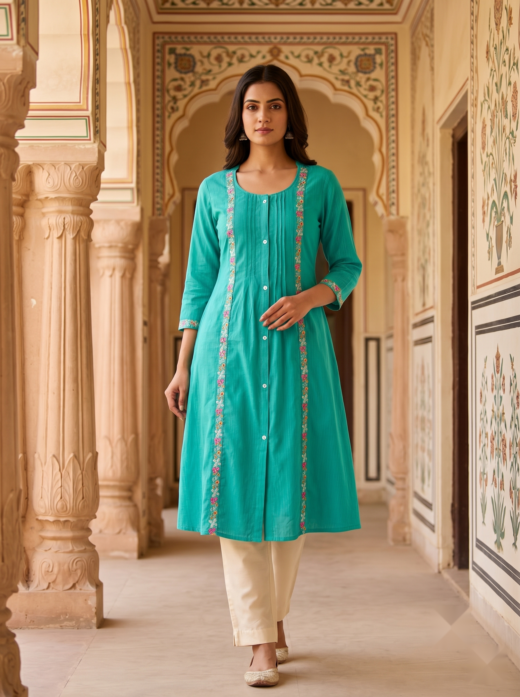 Flower Stripe Kurti - Ocean Green - image 3