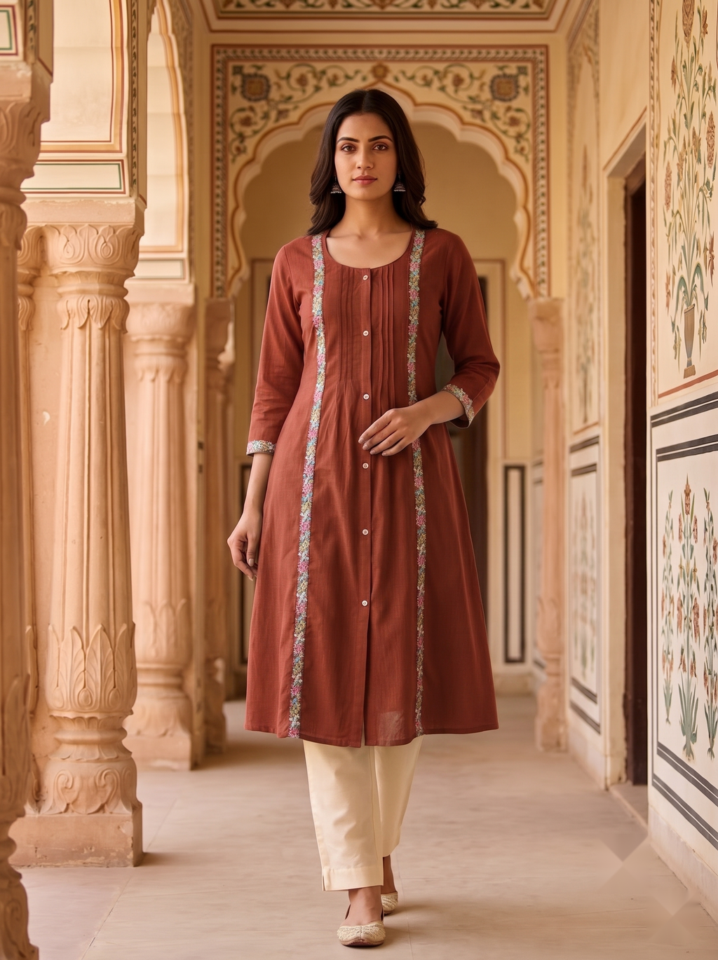 Flower Stripe Kurti - Brown - image 1