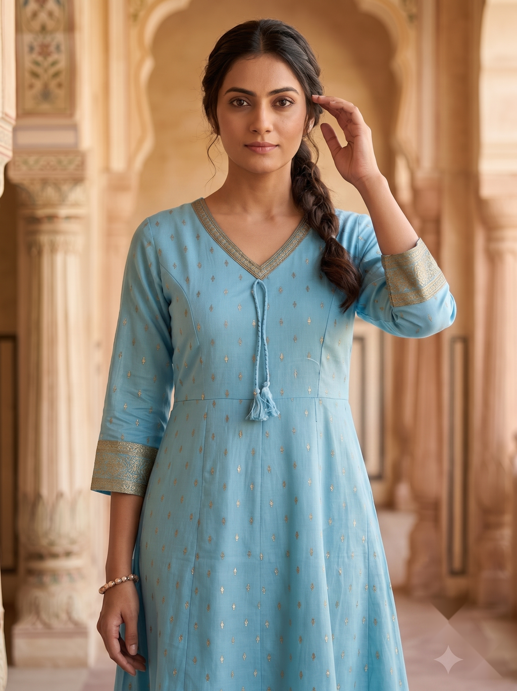 V Neck Kurtis - Light Blue - image 3
