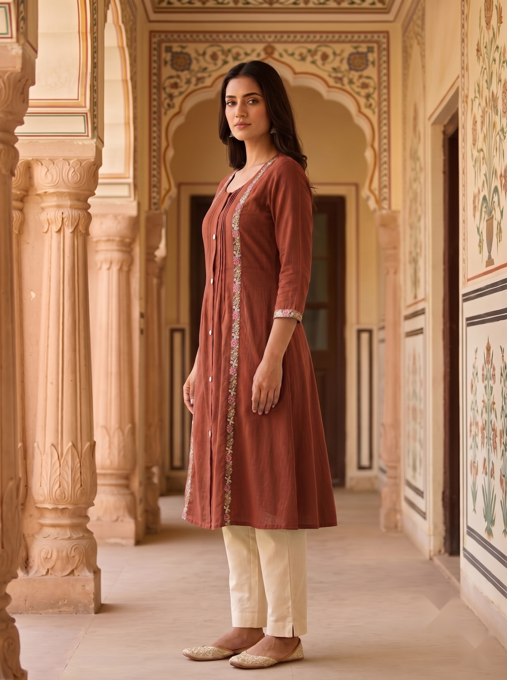 Flower Stripe Kurti - Brown - image 3