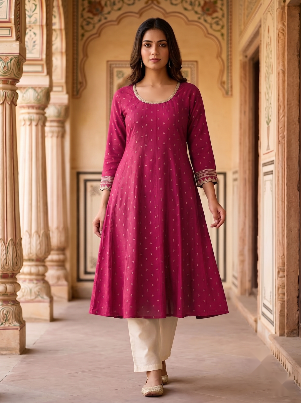 Designer Round Neck kurti - Pink - image 2