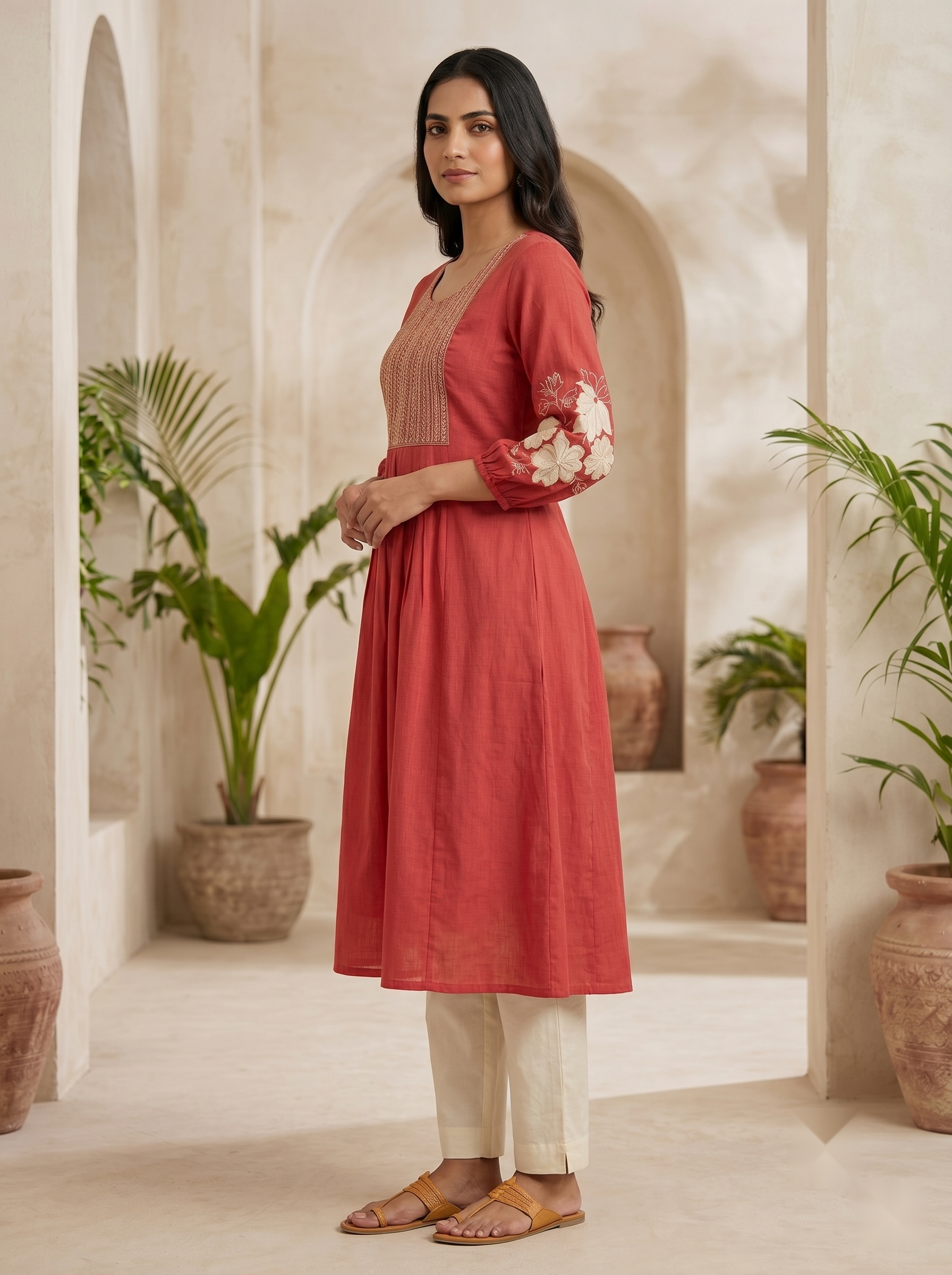 Hand Embroidery kurti - Dark Orange - image 3