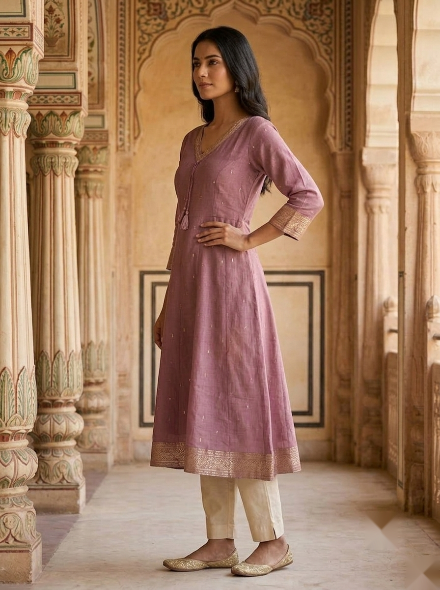V Neck Kurtis - Dull pink - image 2