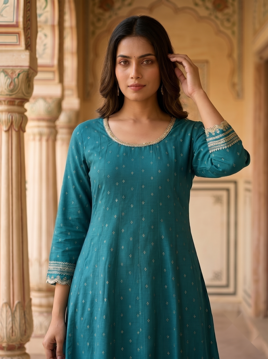 Designer Round Neck kurti - Royal Green - image 1