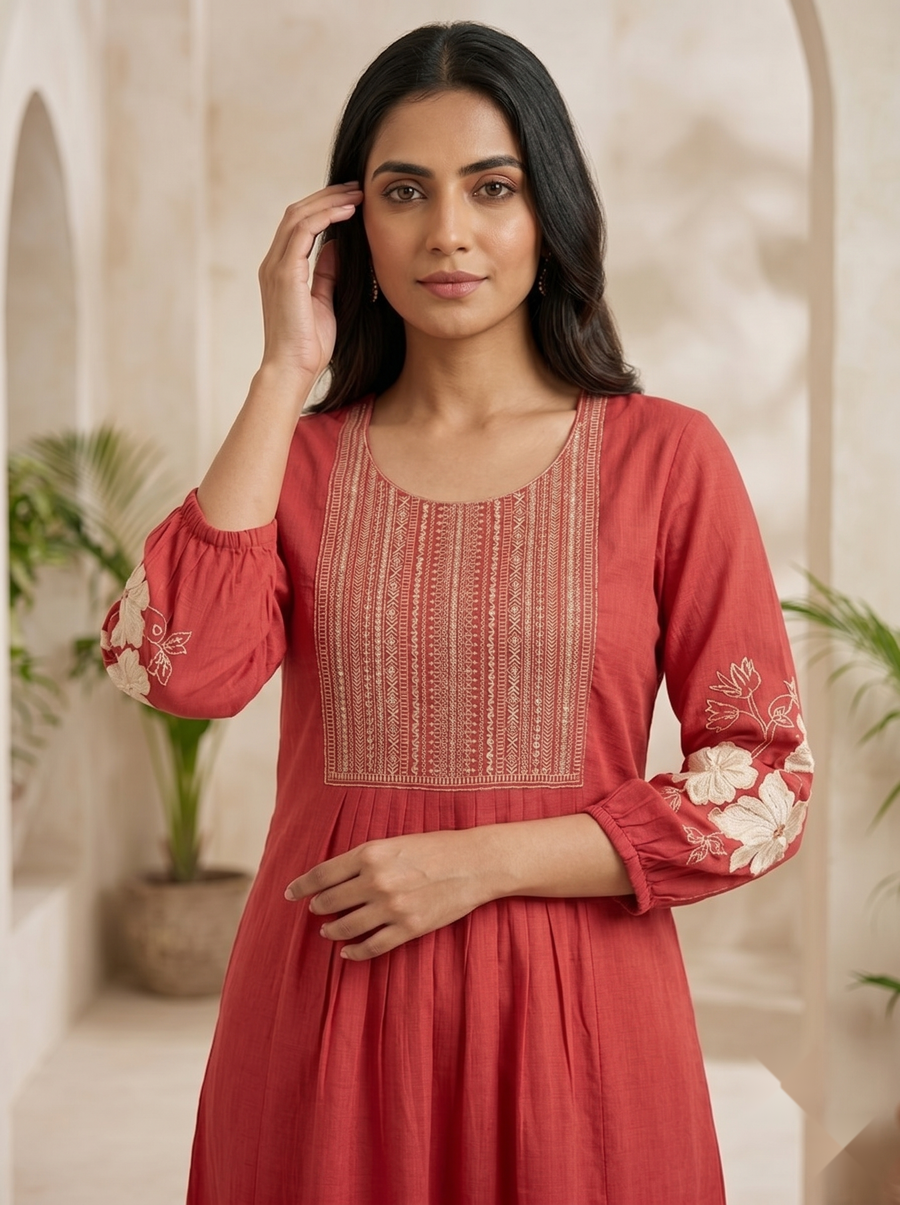 Hand Embroidery kurti - Dark Orange - image 4