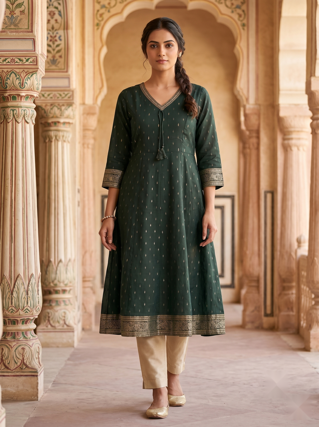 V Neck Kurtis - Royal green - image 2