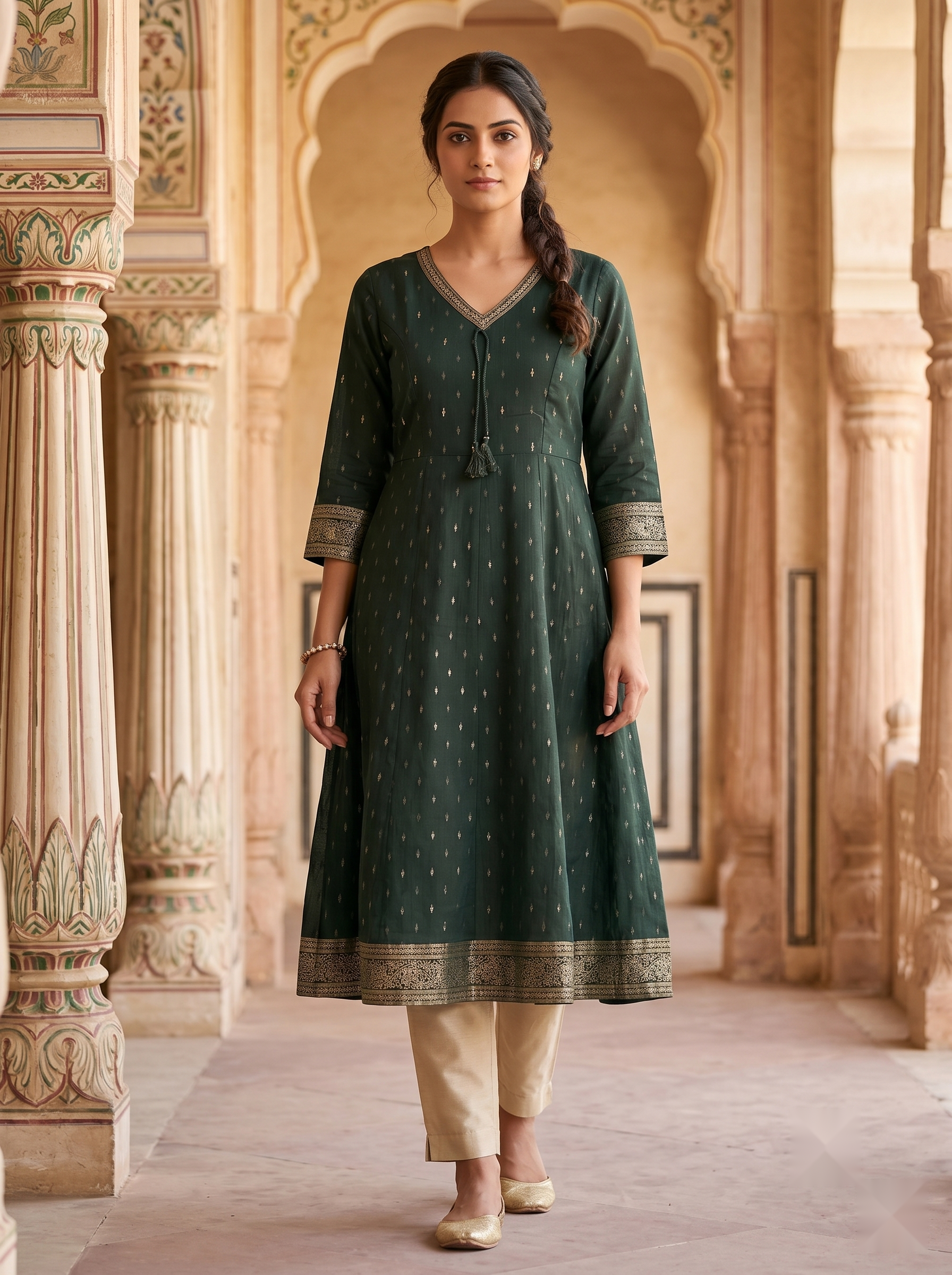 V Neck Kurtis - Royal green - image 2