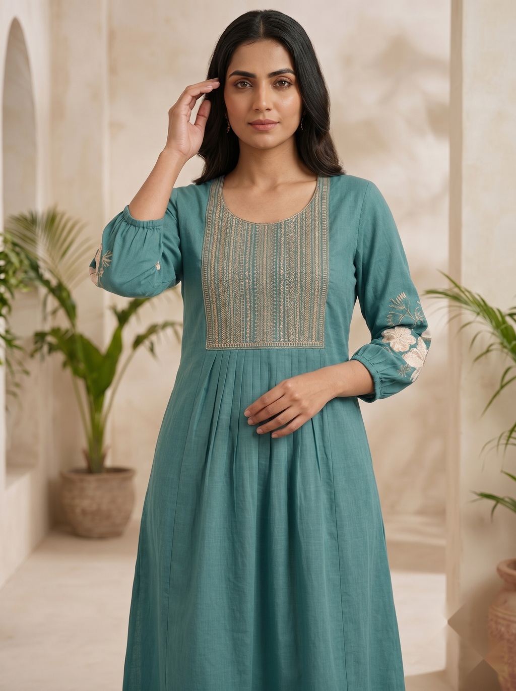 Hand Embroidery kurti - Dull green - image 1