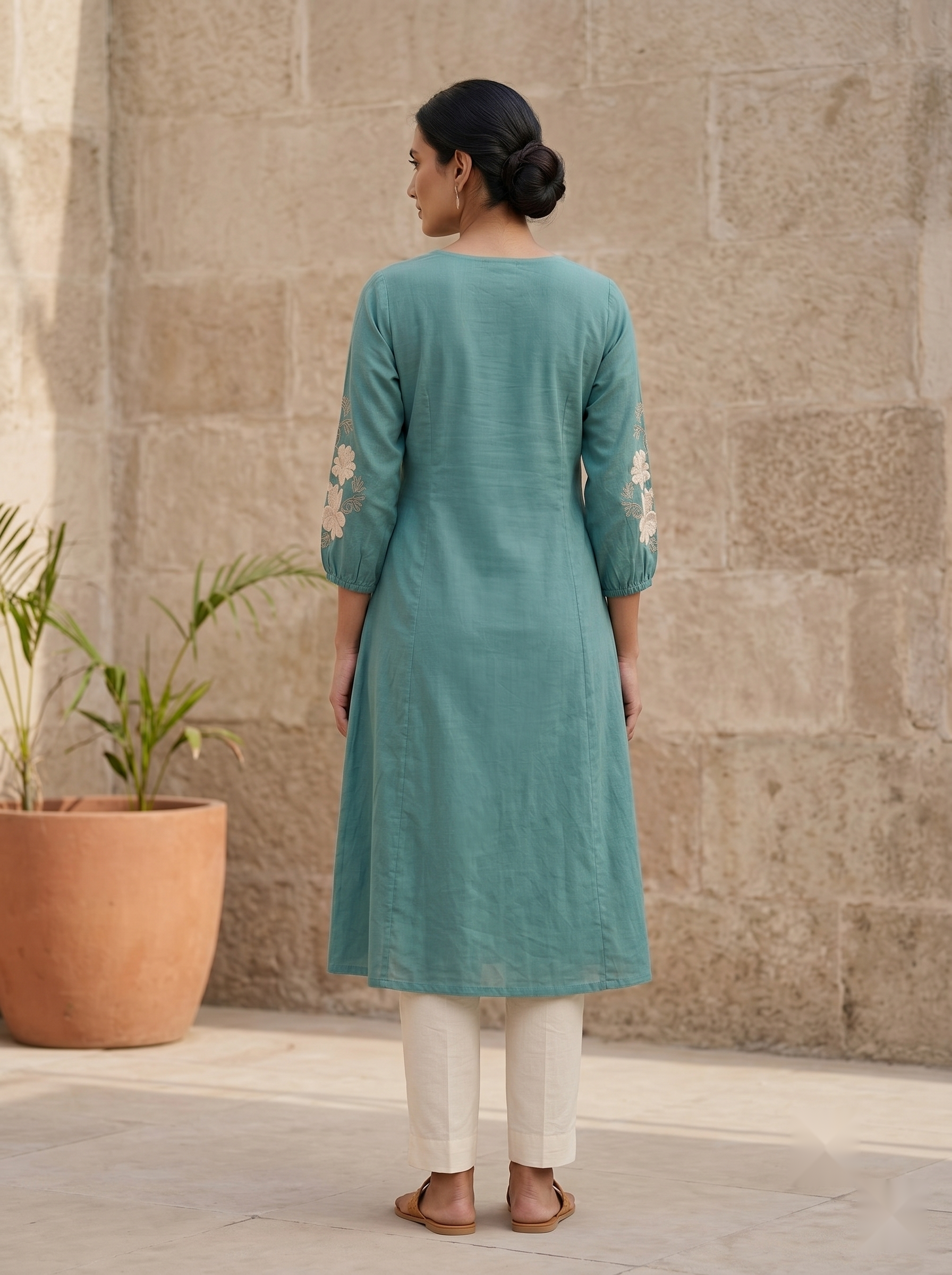 Hand Embroidery kurti - Dull green - image 4