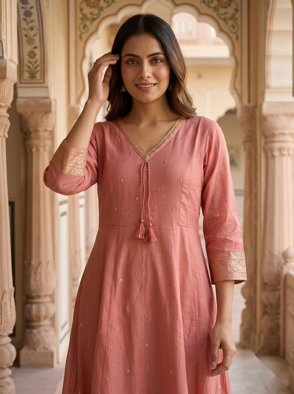 V Neck Kurtis - Peach - image 2