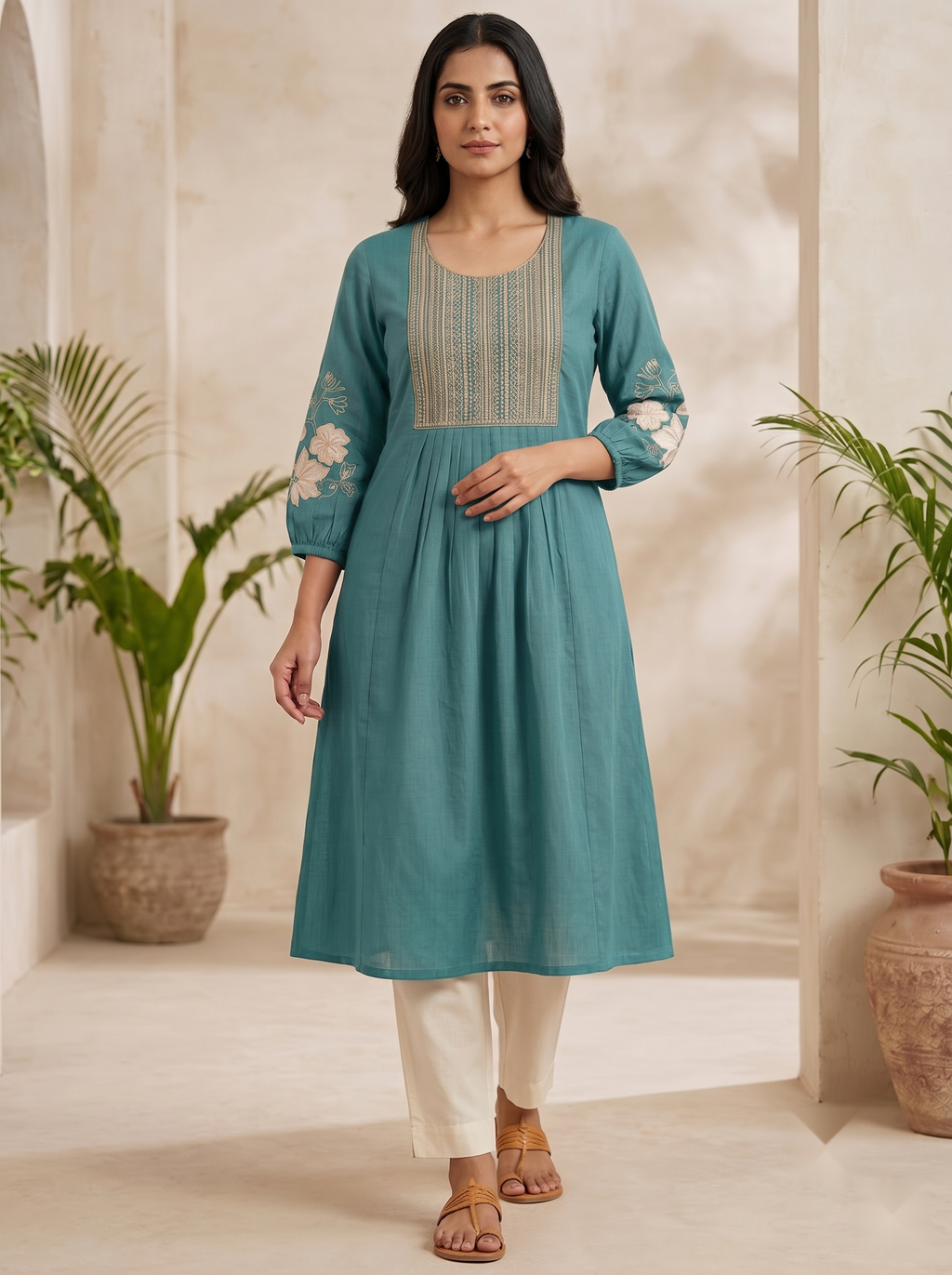 Hand Embroidery kurti - Dull green - image 2