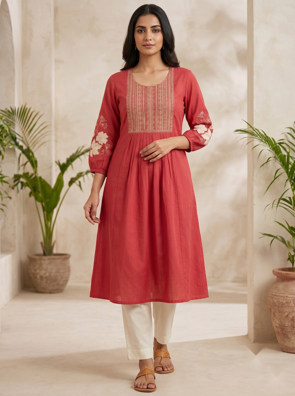 Hand Embroidery kurti - Dark Orange - image 2