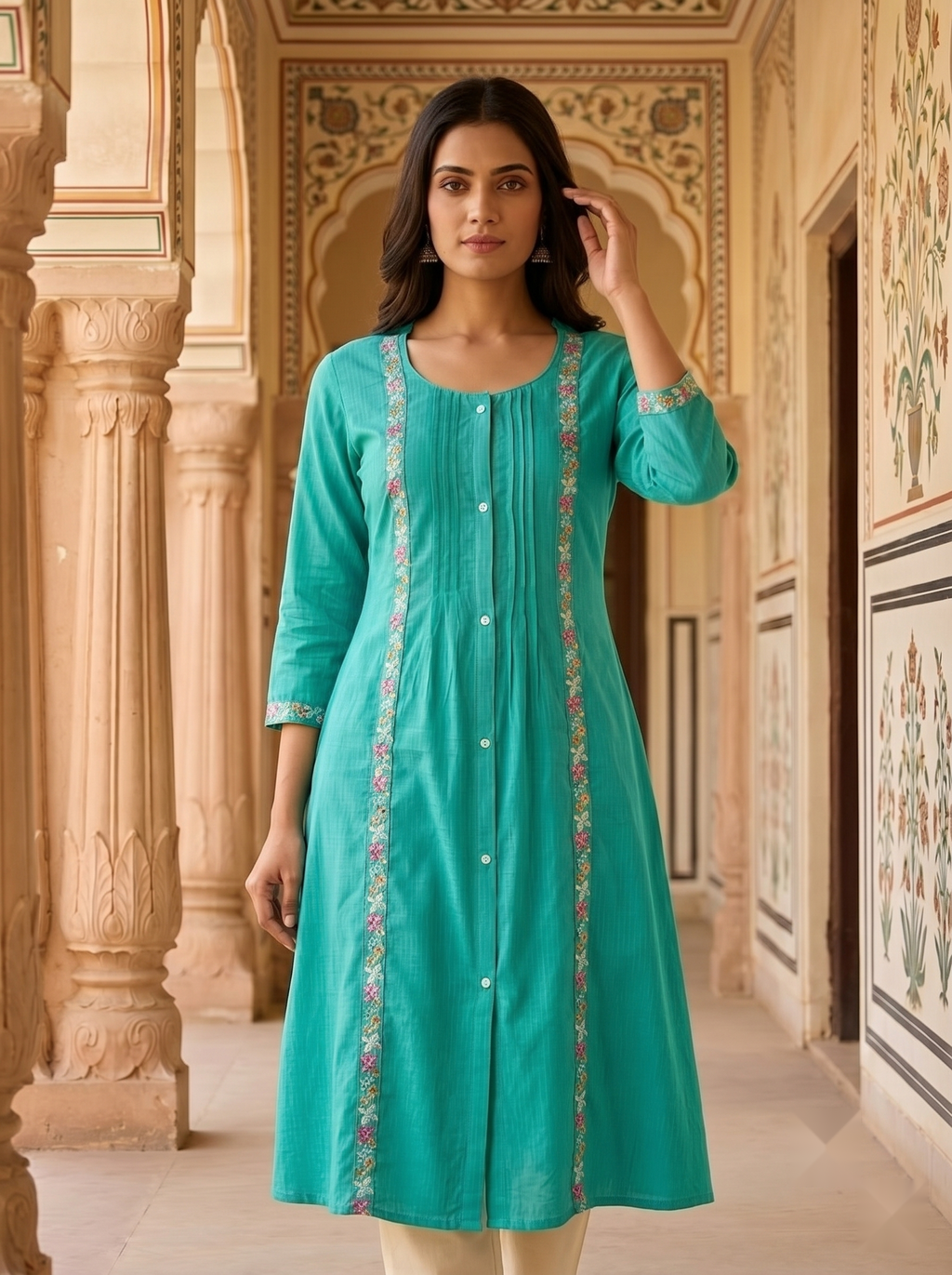 Flower Stripe Kurti - Ocean Green - image 4
