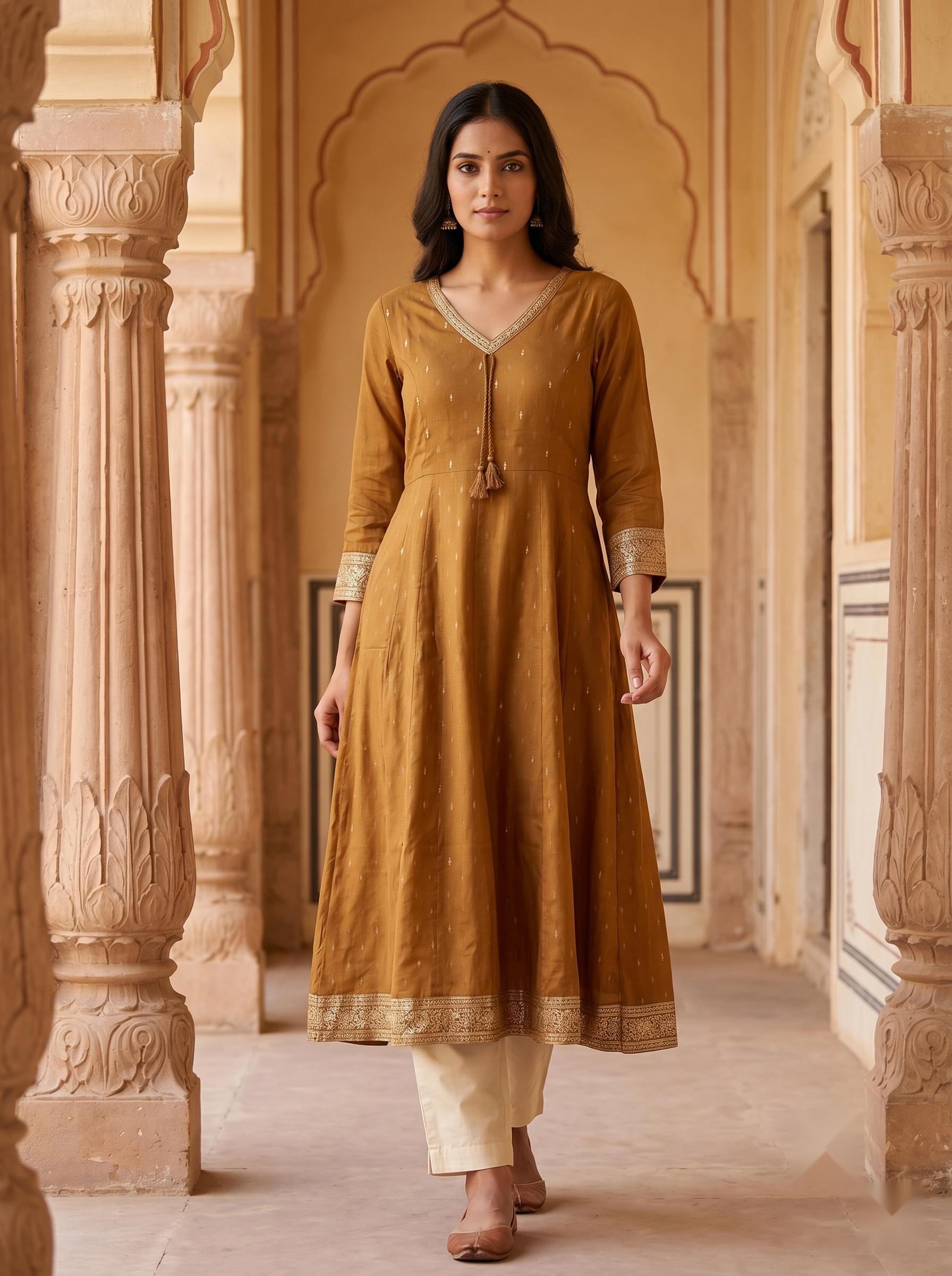 V Neck Kurtis - Gold - image 1