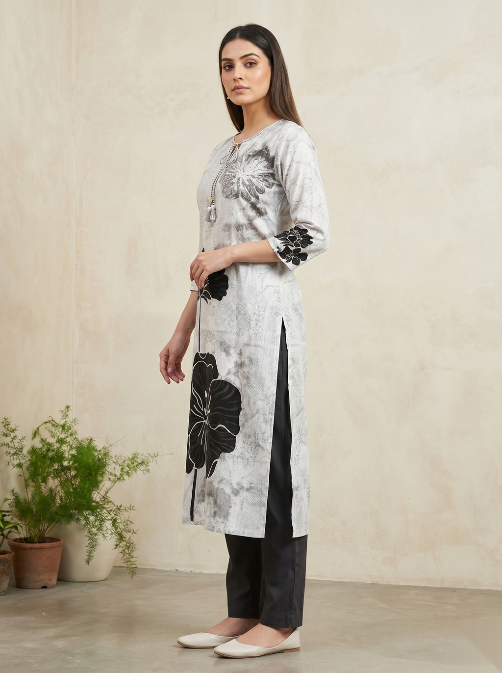 Grey-Black Printed Long Top