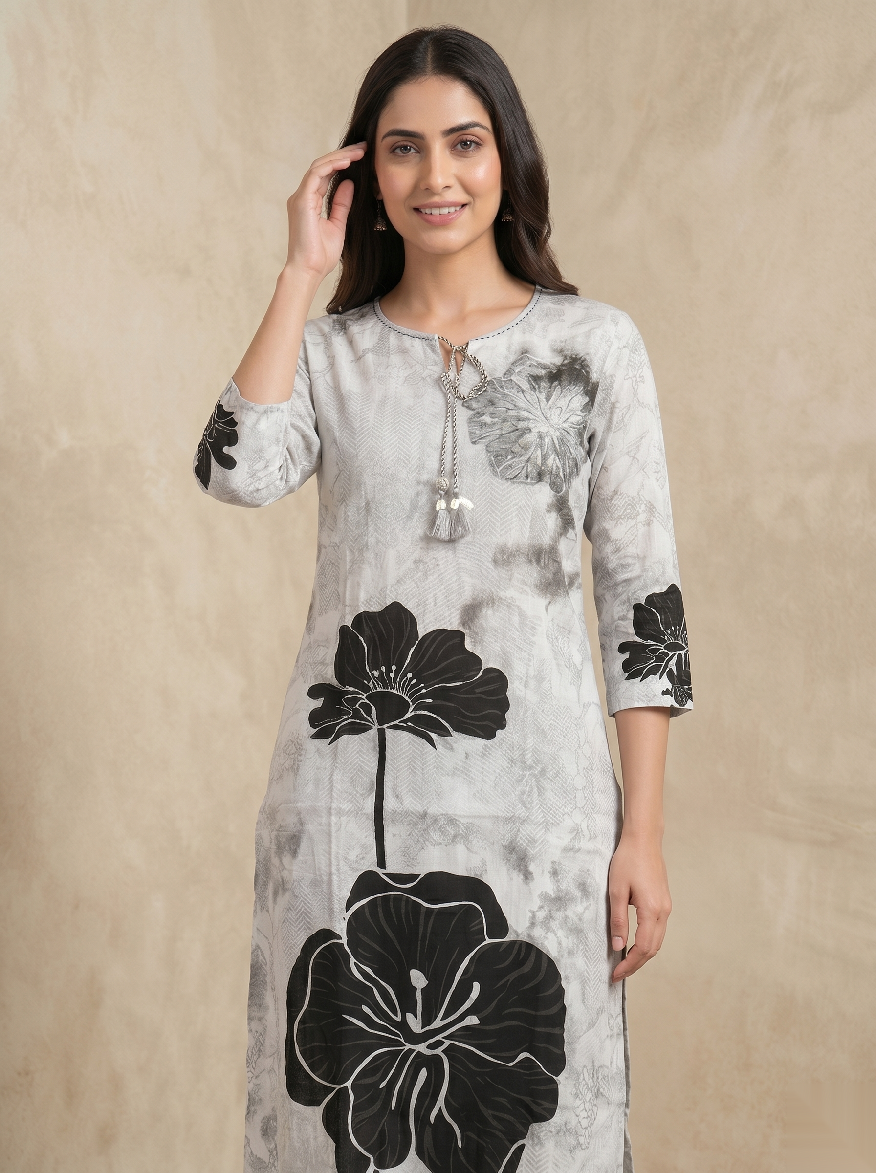 Grey-Black Printed Long Top