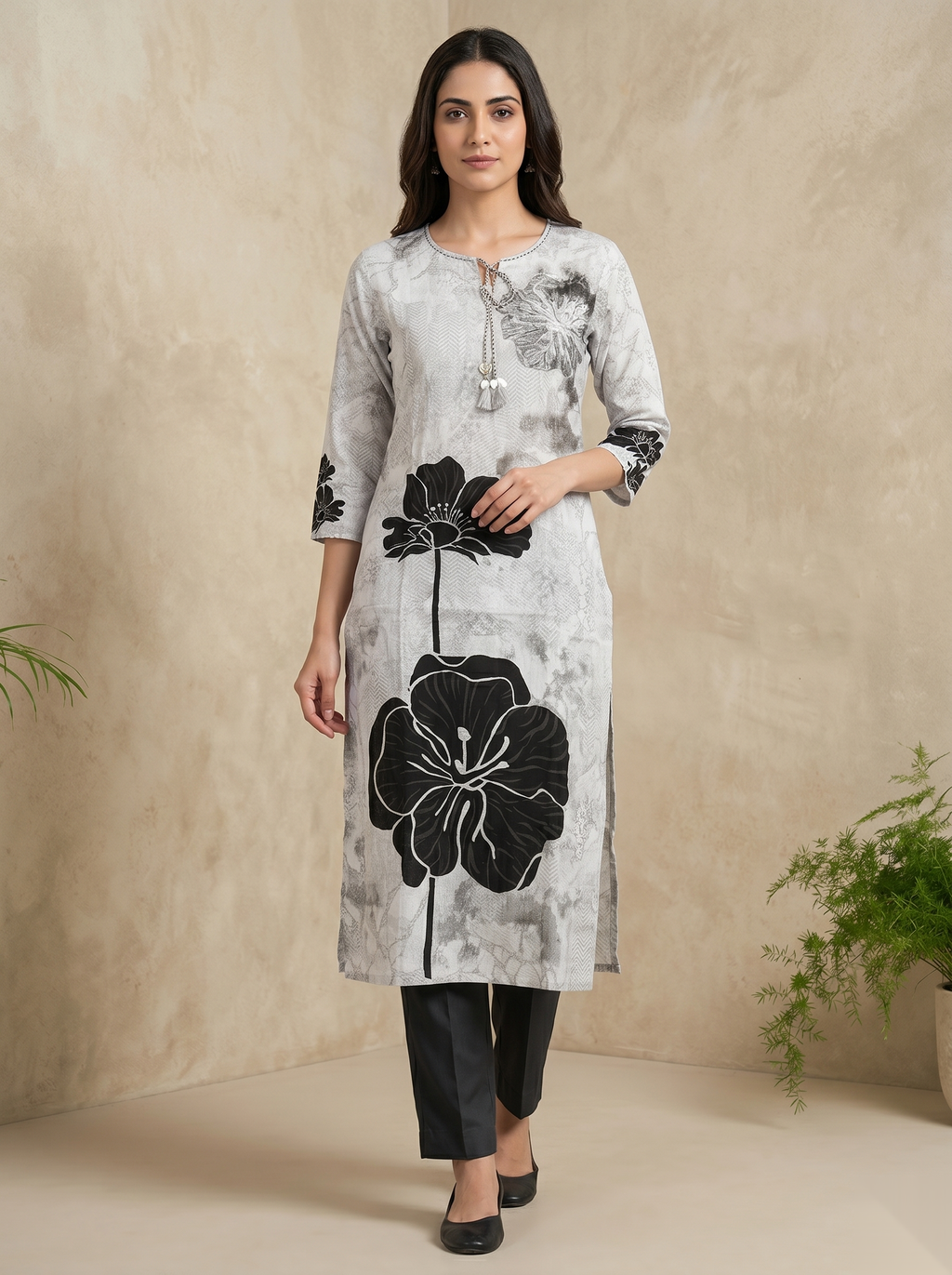 Grey-Black Printed Long Top