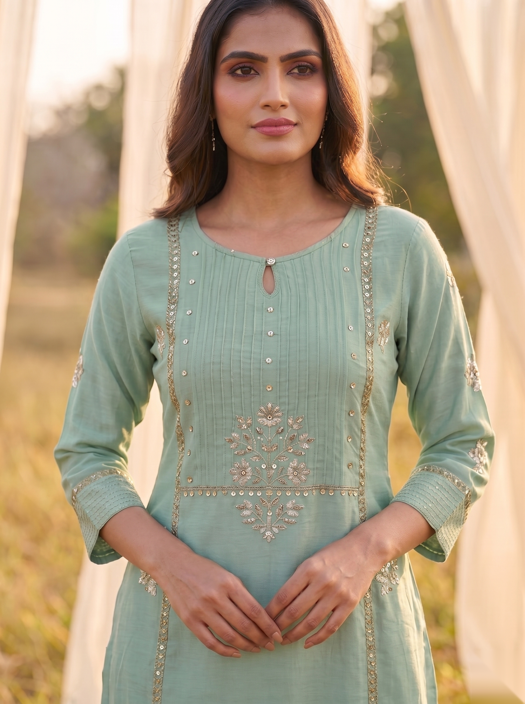 Floral Embroidered Kurti - Royal Green